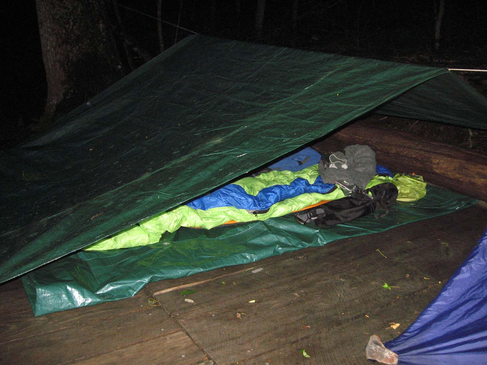 Our first attempt at the tarp shelter.